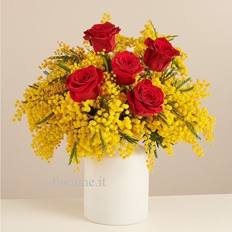 MIMOSA AND RED ROSES